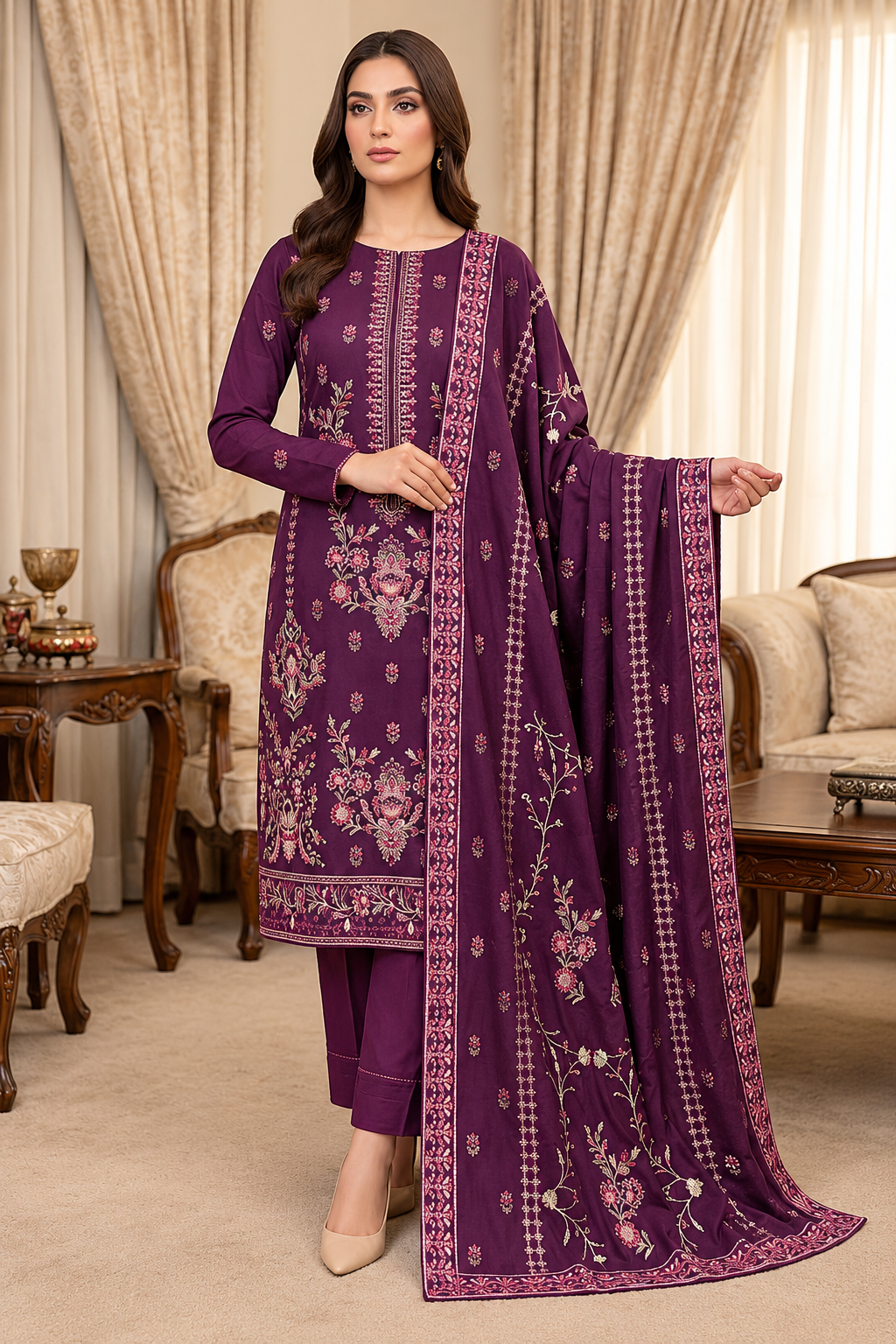 Mishal Leather Peach By Bin Rashid D-01 – Bin Rashid 3-piece unstitched suit