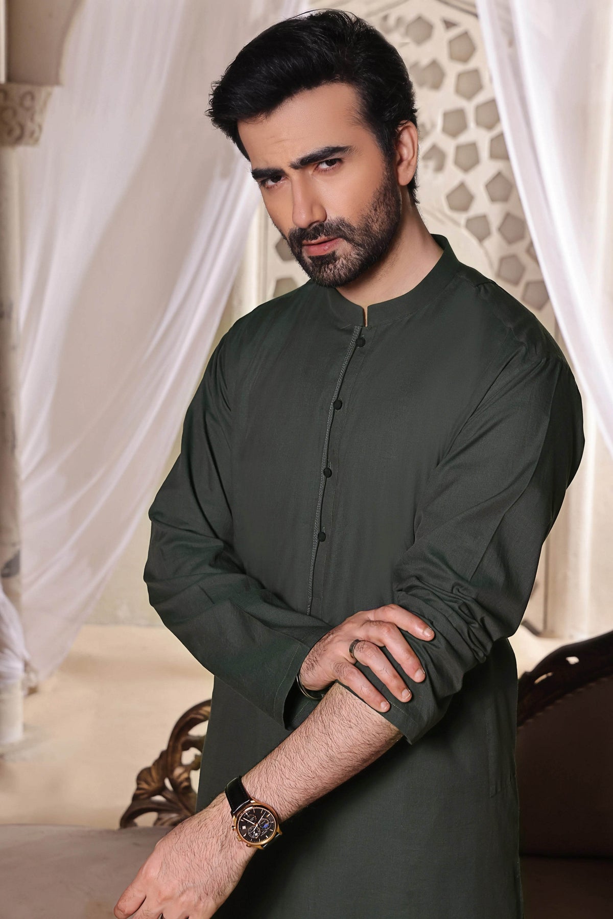 Green Self Cotton Kurta by Al Deebaj