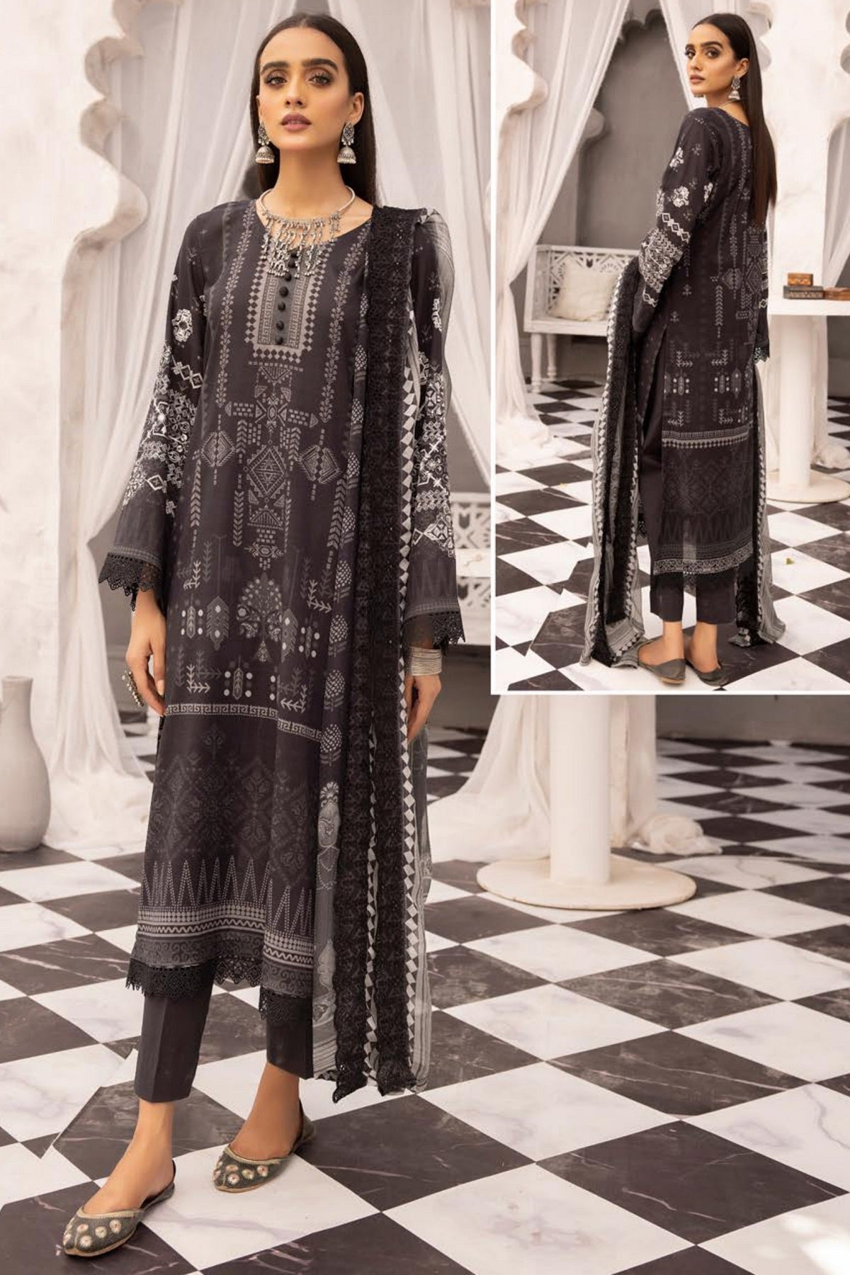 Shaista Black & White Lawn D-335 – Shaista 3-piece unstitched suit