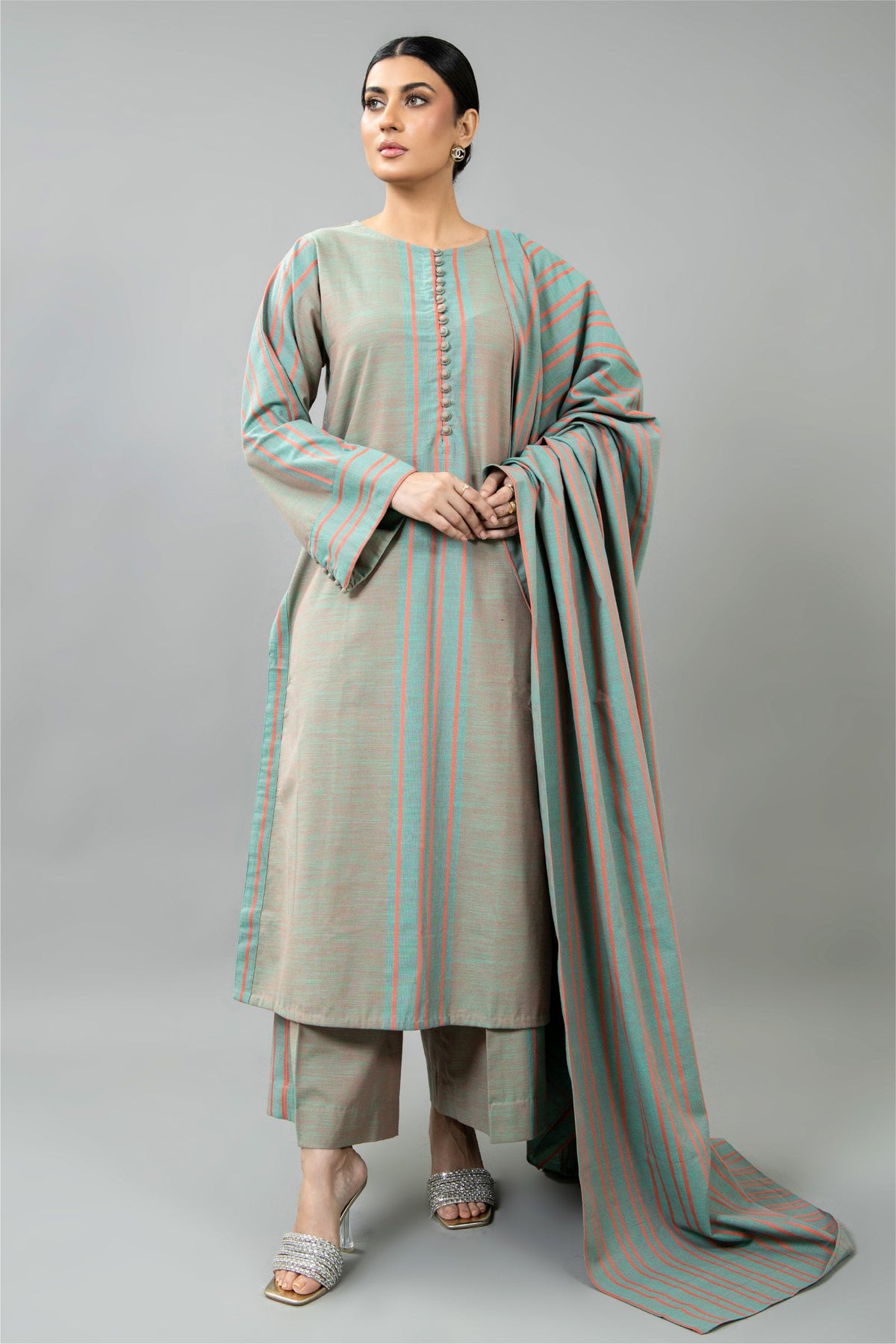 Yarn Dyed Sea Green Yarn Dyed Strip Khaddar 3-Piece Pret Suit by The Fabric Store