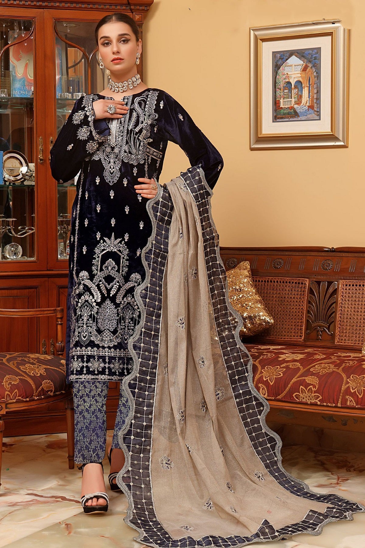 Dressline Giselle Velvet D-154K – Dressline 3-piece unstitched suit