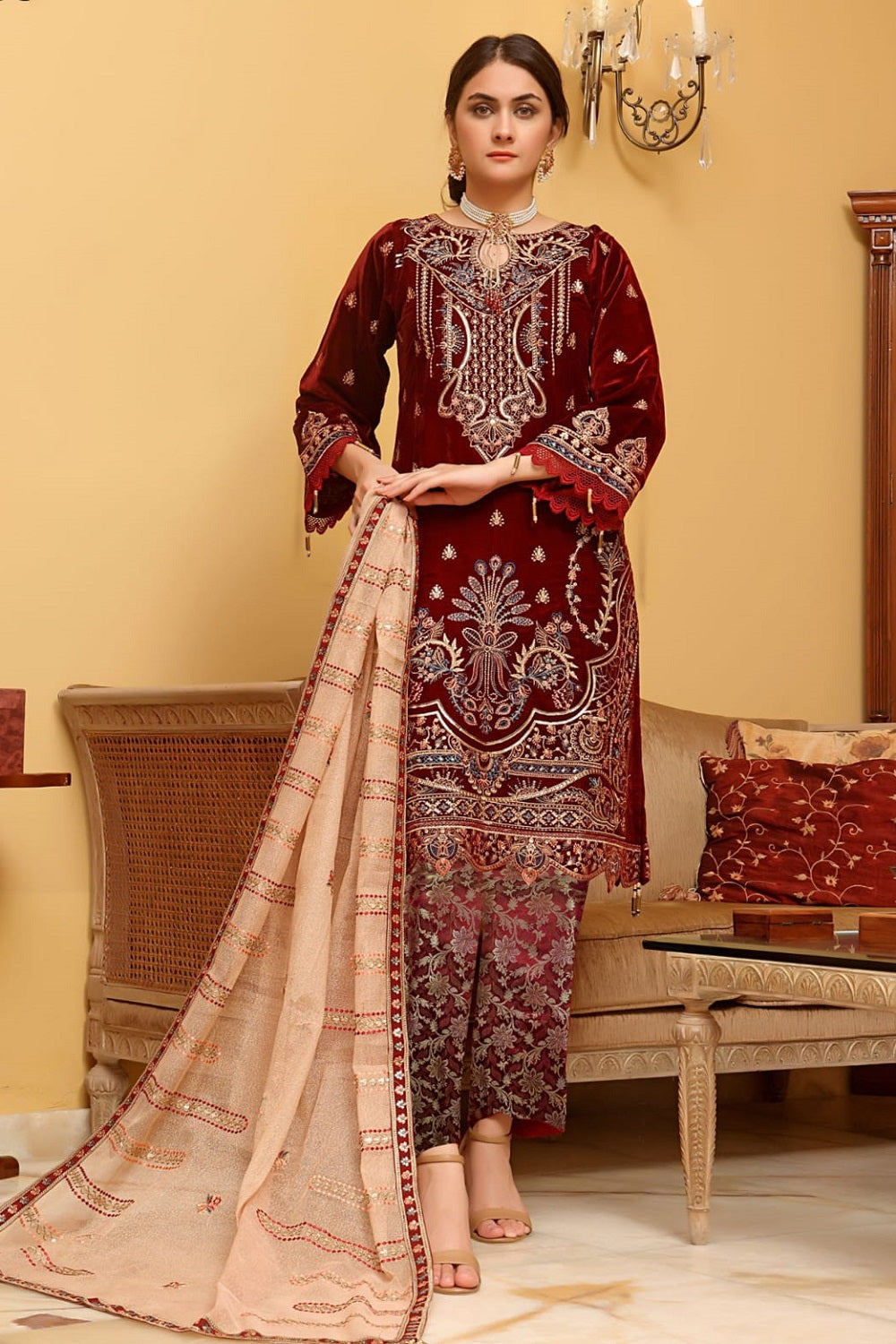 Dressline Celeste Velvet D-158K – Dressline 3-piece unstitched suit