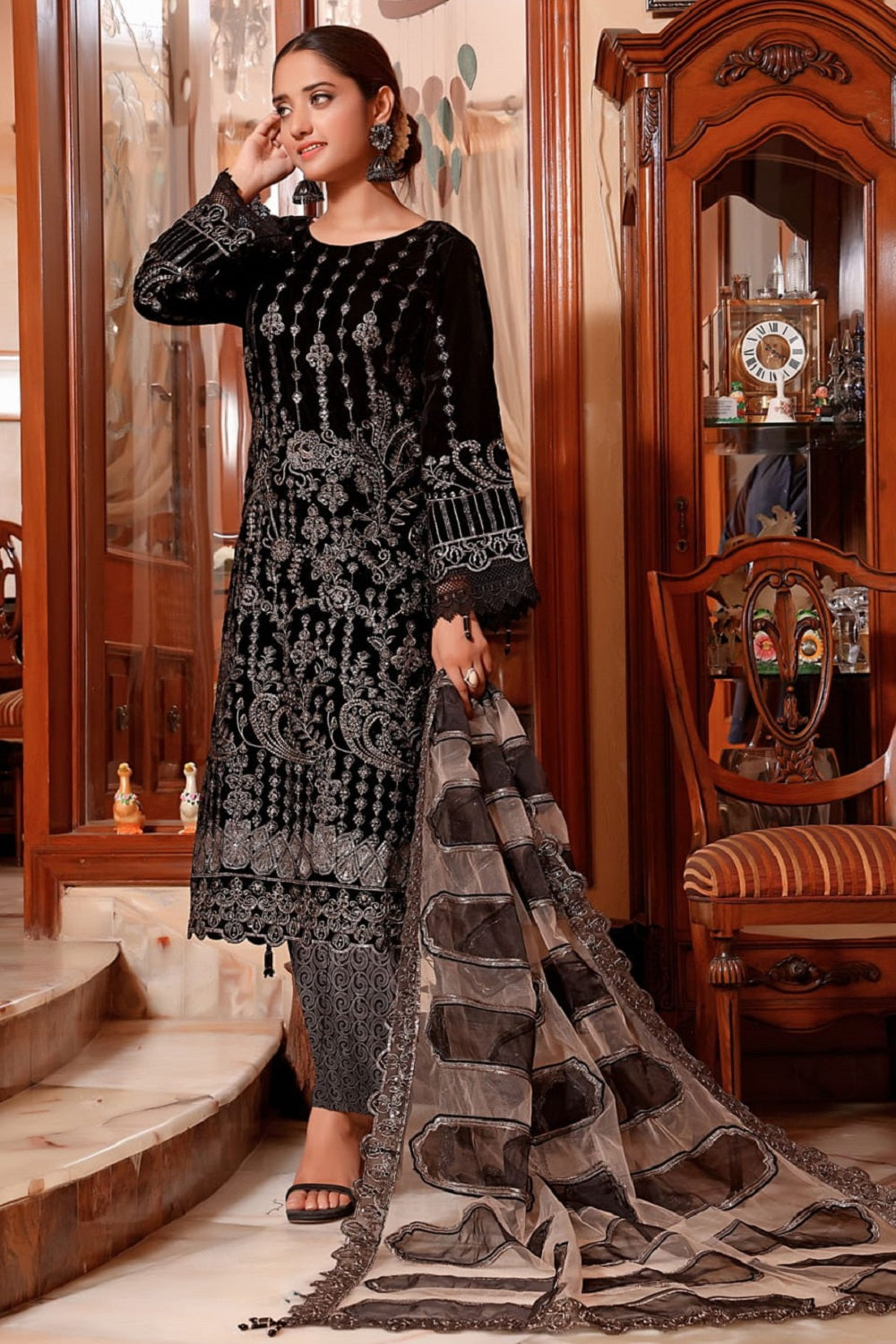 Dressline Celeste Velvet D-159K – Dressline 3-piece unstitched suit