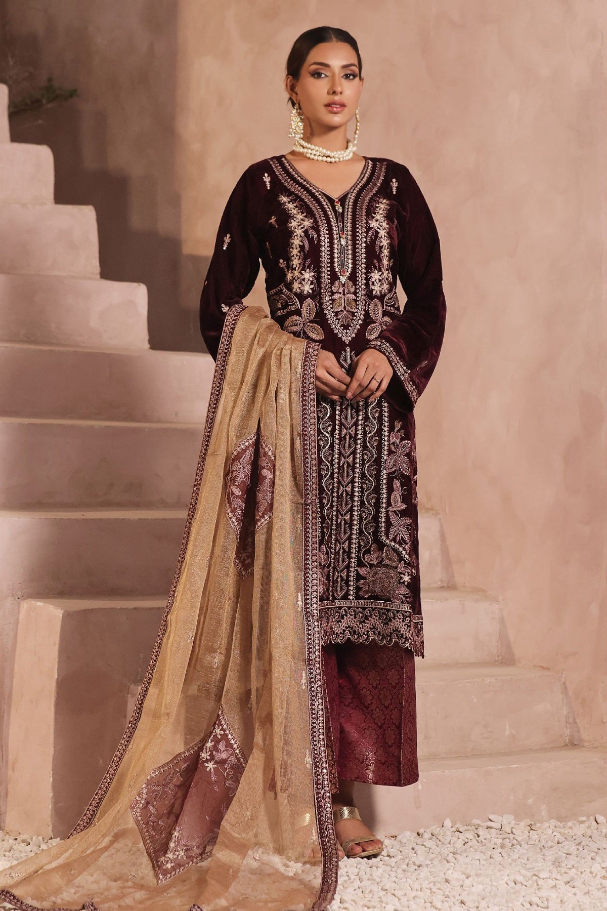 Dressline La Rosella Velvet D-161K – Dressline 3-piece unstitched suit