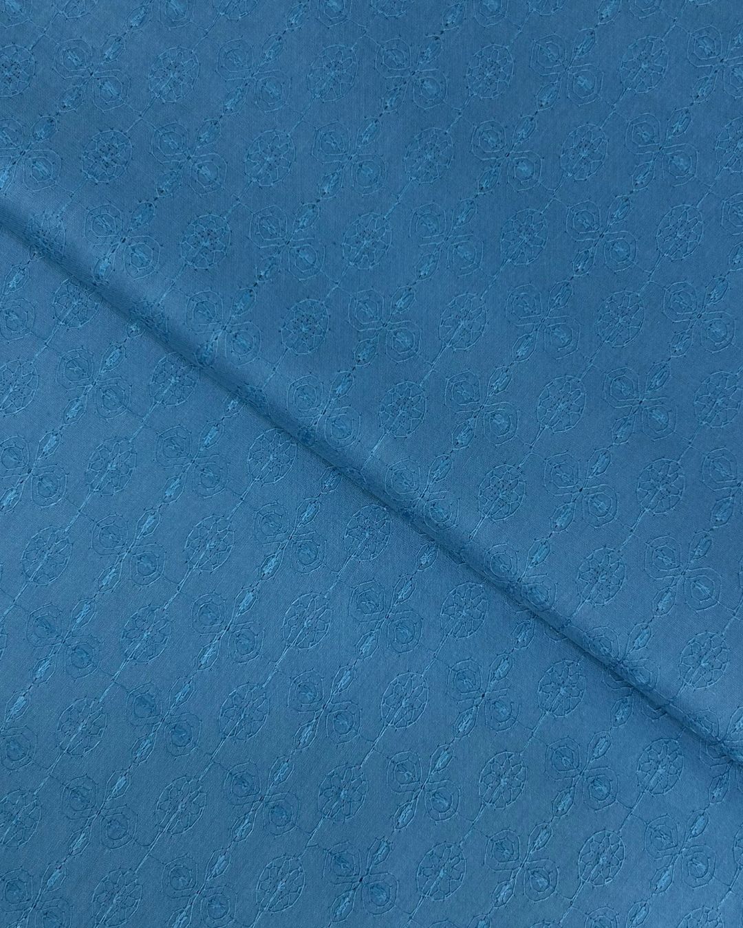 Chikankari Lawn – Ink Blue, embroidered lawn fabric by the meter