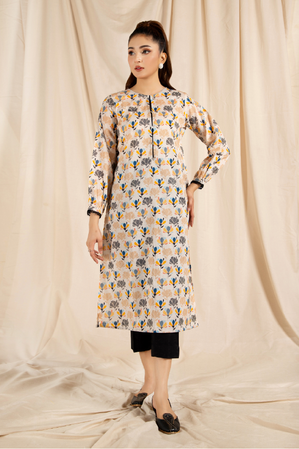 Printed Beige Lawn Pret Shirt by The Fabric Store