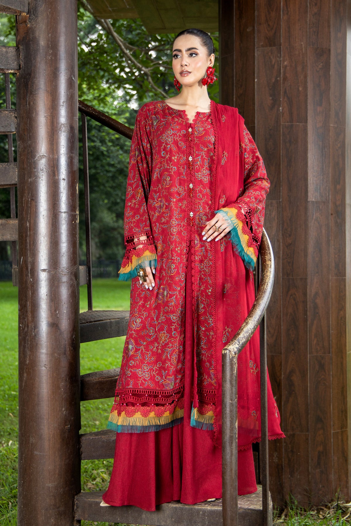 Embroidered Maroon Karandi Lawn 3-Piece Unstitched Suit by The Fabric Store