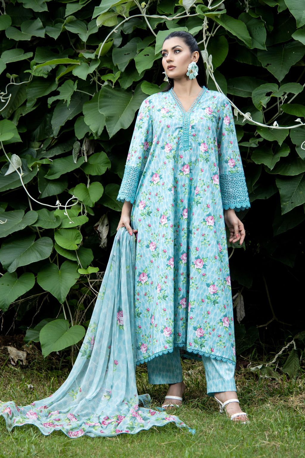 Printed Ice Blue Cambric 3-Piece Unstitched Suit by The Fabric Store