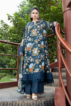 Printed Teal Slub Khaddar 3-Piece Unstitched Suit by The Fabric Store