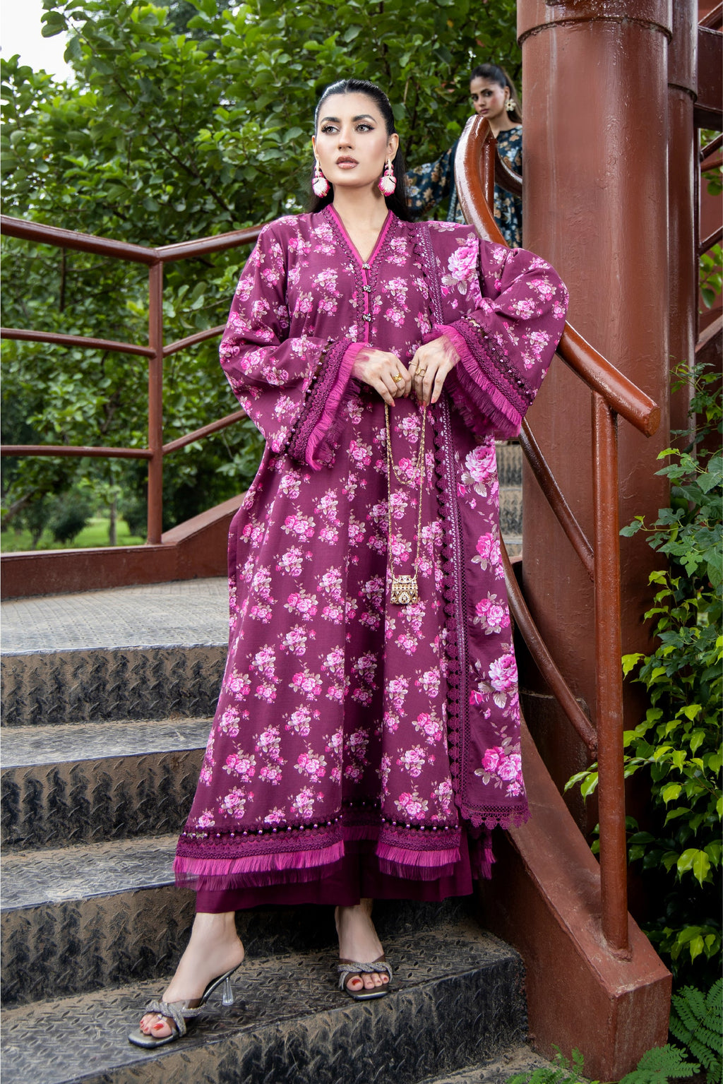 Printed Maroon Slub Khaddar 3-Piece Unstitched Suit by The Fabric Store