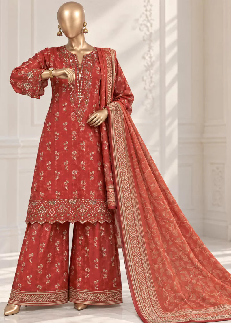 Chikankari Red Viscose 3-Piece Stitched Suit by Bin Saeed