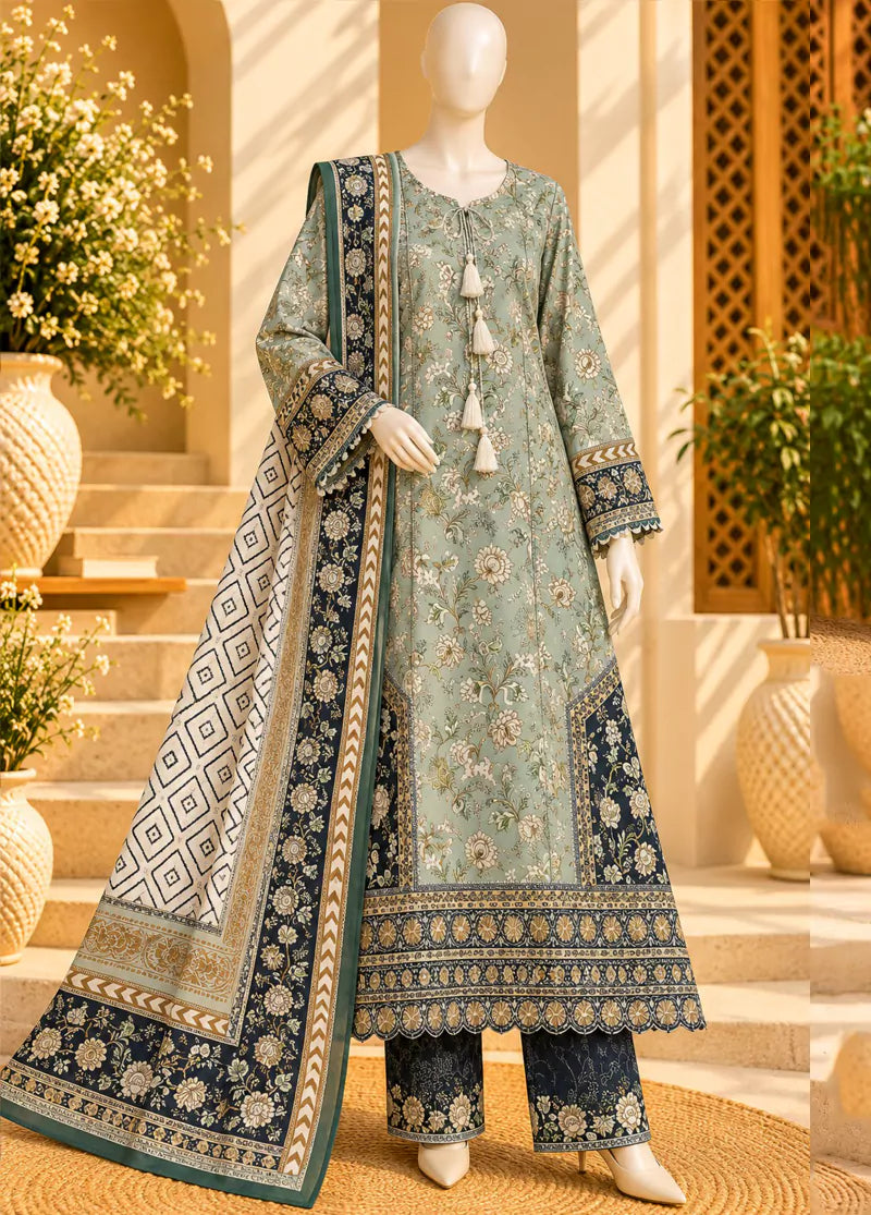 Printed Pista Green Viscose 3-Piece Stitched Suit by Bin Saeed