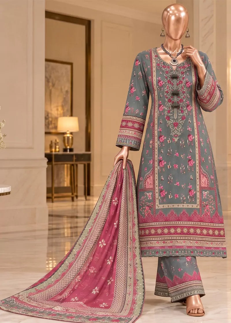 Embroidered Grey & Pink Viscose 3-Piece Stitched Suit by Bin Saeed