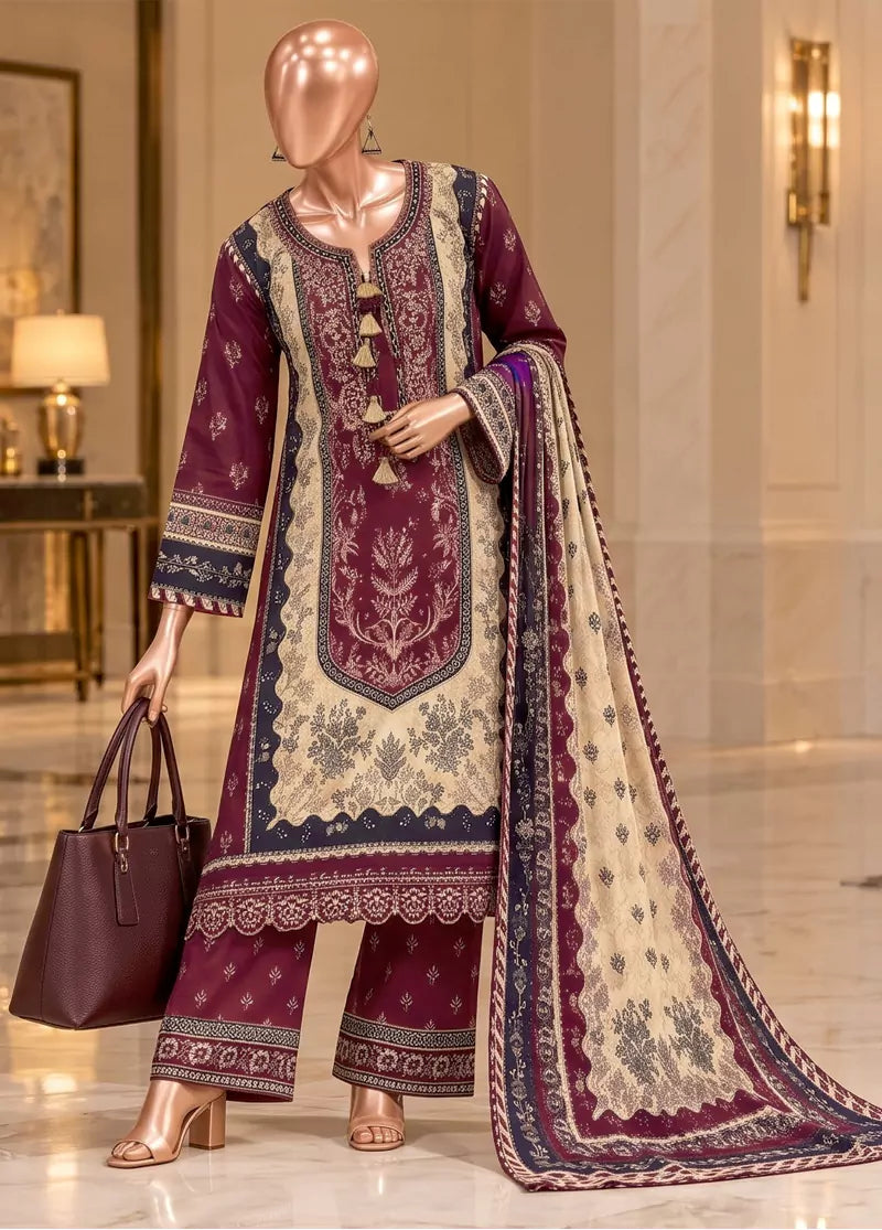 Embroidered Maroon Viscose 3-Piece Stitched Suit by Bin Saeed