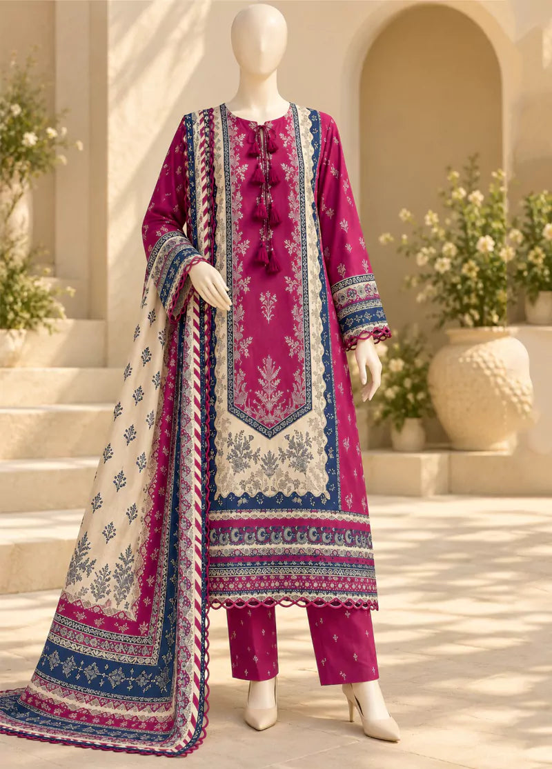 Printed Shocking Pink Viscose 3-Piece Stitched Suit by Bin Saeed