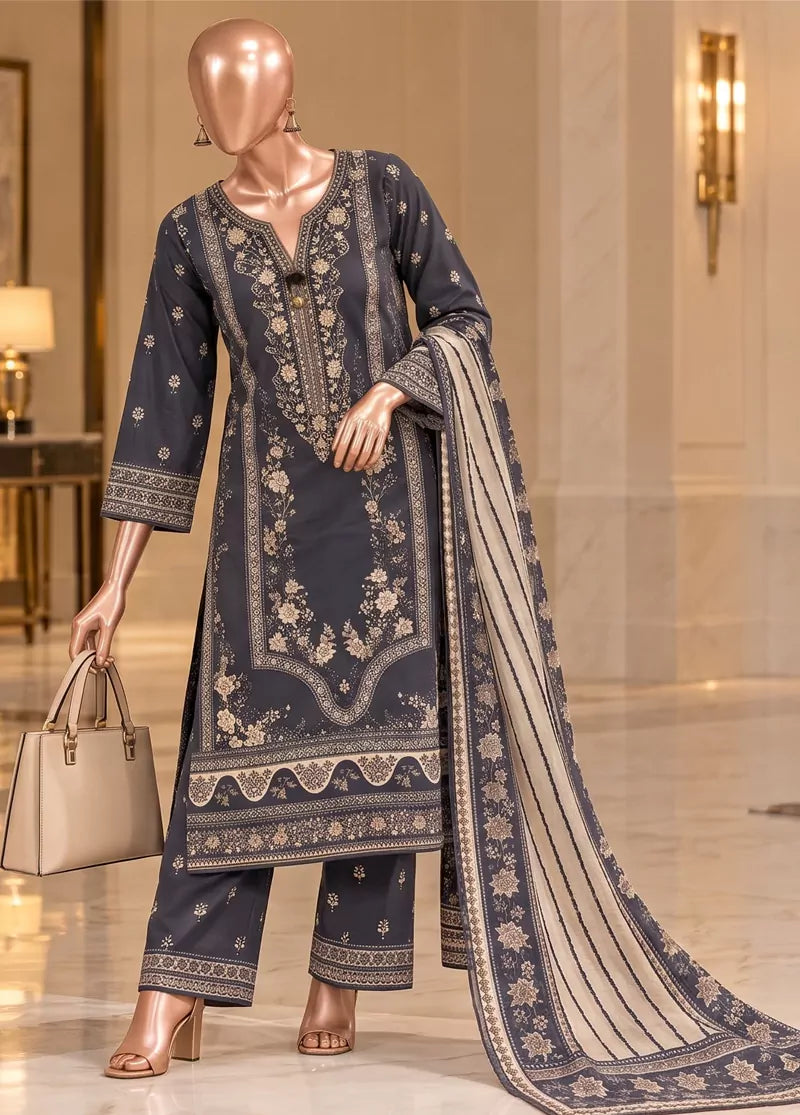 Embroidered Grey Viscose 3-Piece Stitched Suit by Bin Saeed