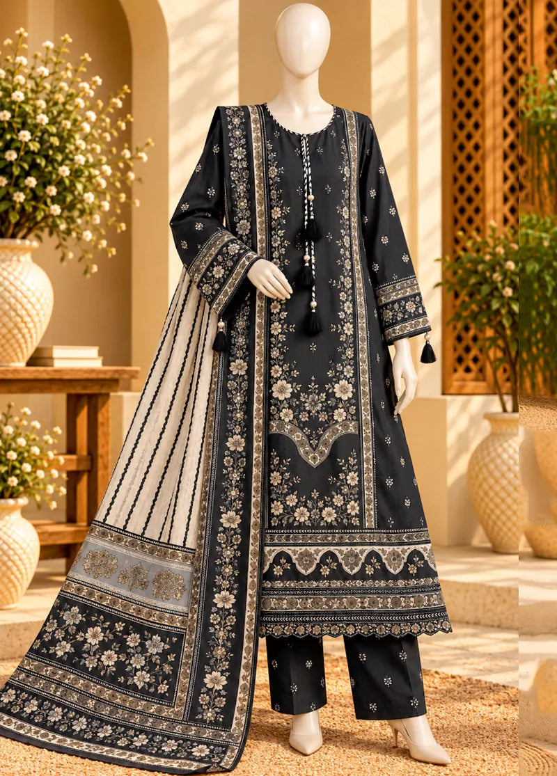 Printed Black Viscose 3-Piece Stitched Suit by Bin Saeed