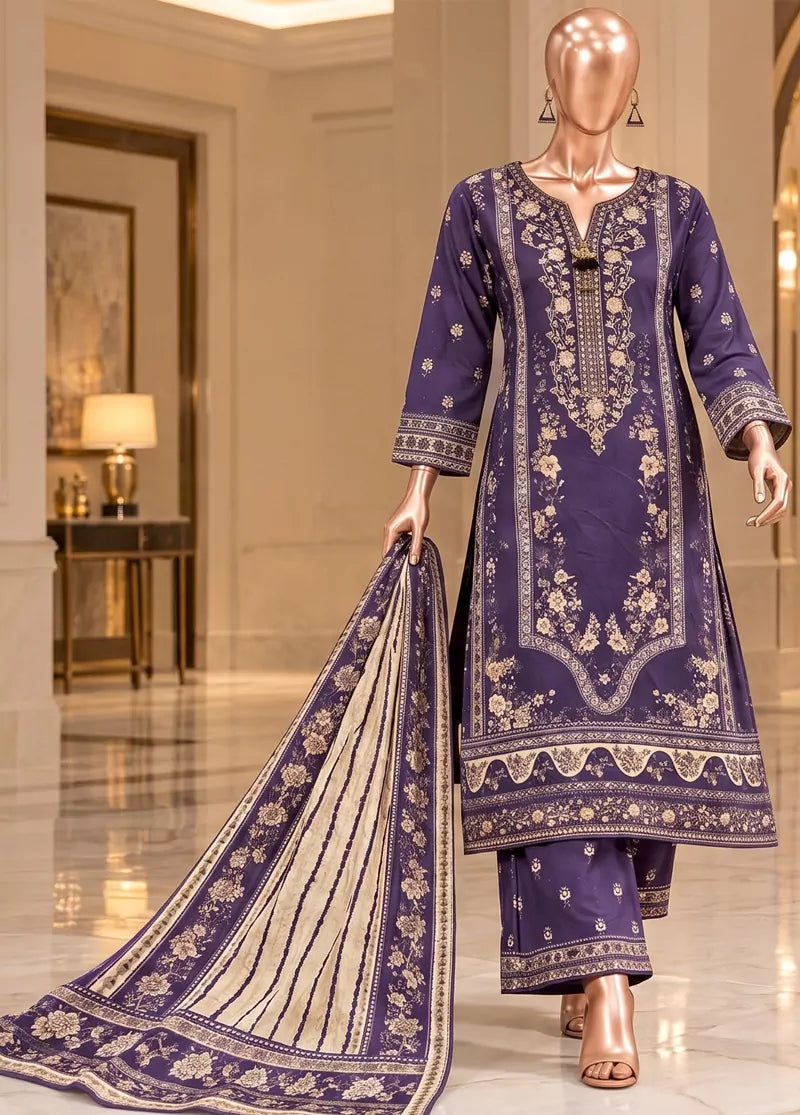 Embroidered Purple Viscose 3-Piece Stitched Suit by Bin Saeed