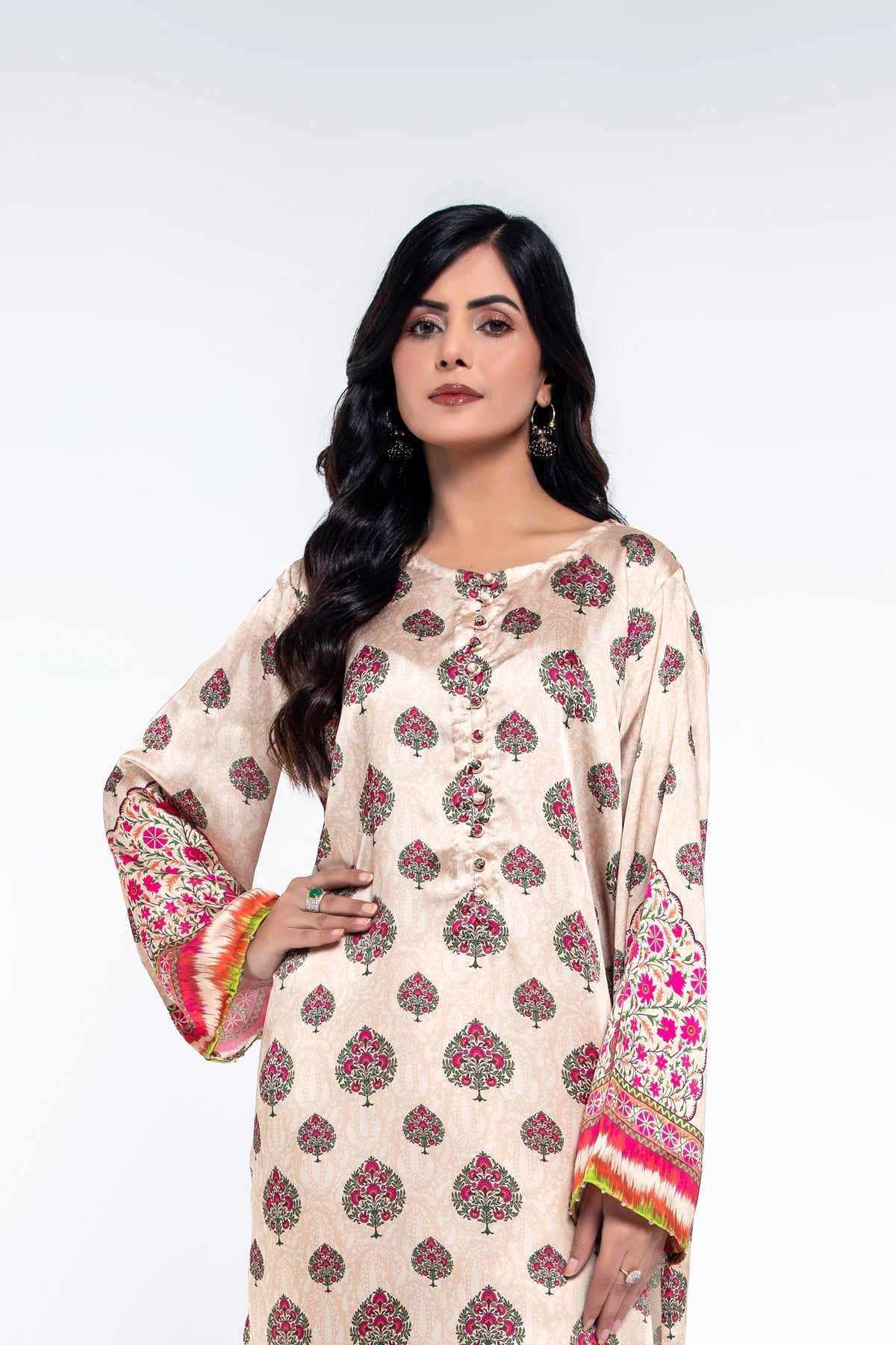 Printed Beige Shamoz Silk Pret Shirt by The Fabric Store, photo 4