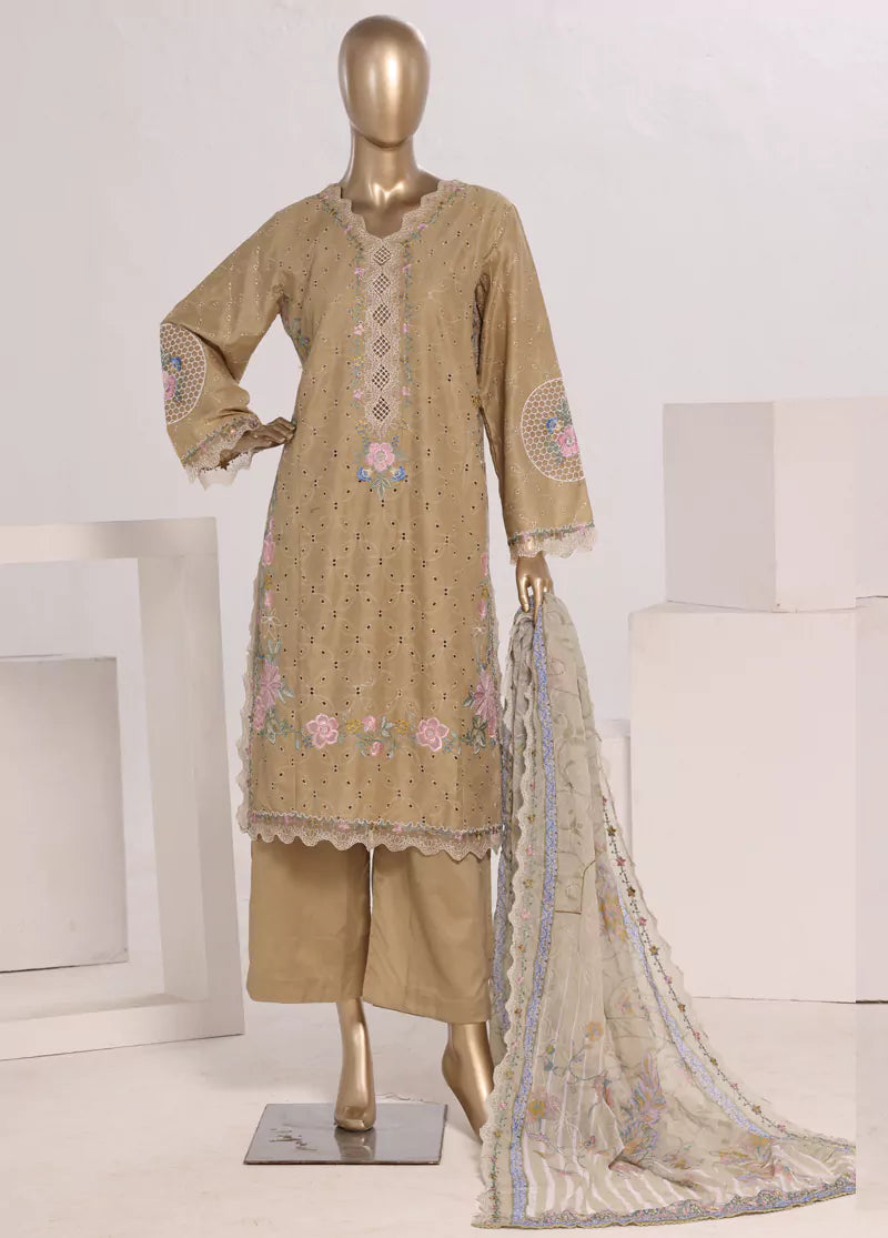 Embroidered Sand Brown Lawn 3-Piece Stitched Suit by Bin Saeed