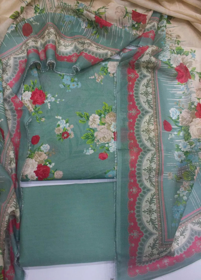 Digital Printed Mint Green Cotton 3-Piece Unstitched Suit by Bin Saeed