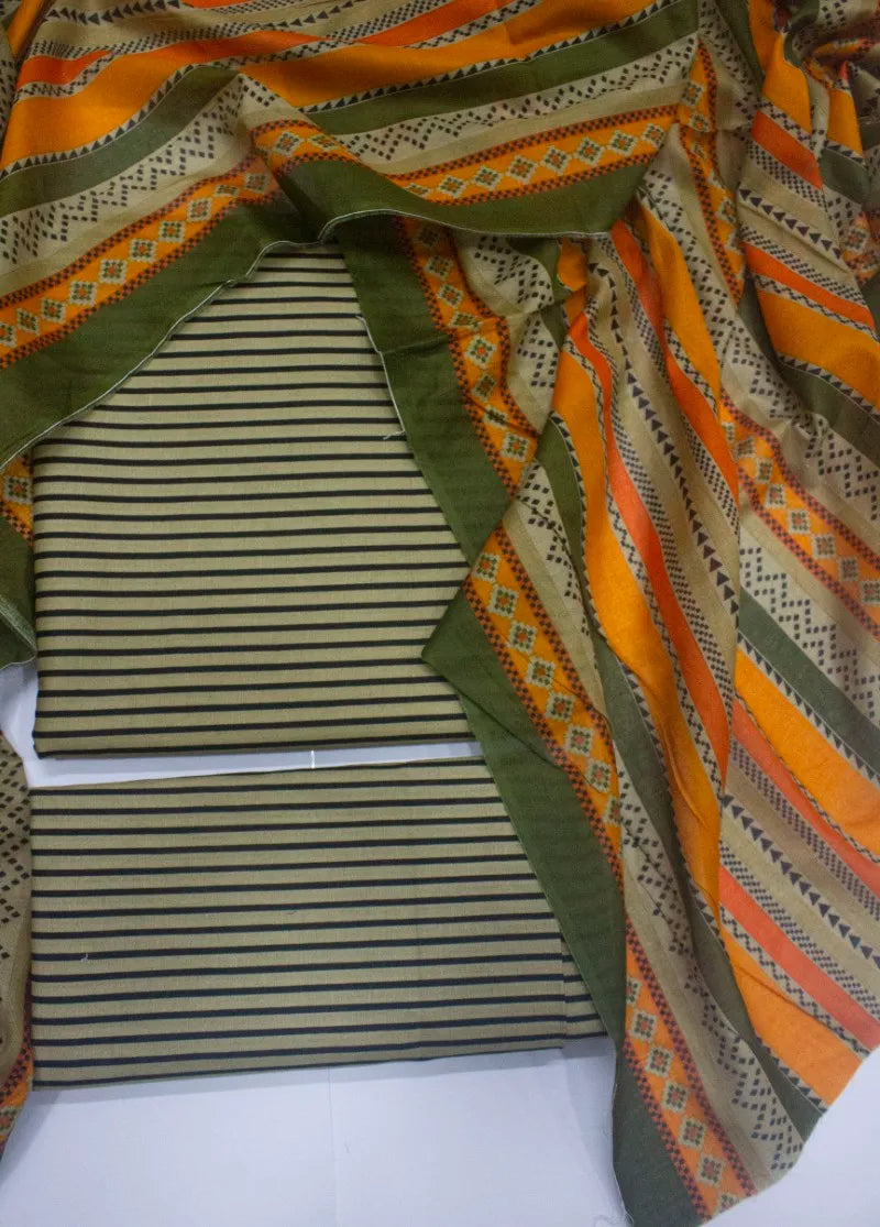 Digital Printed Beige & Black Cotton 3-Piece Unstitched Suit by Bin Saeed