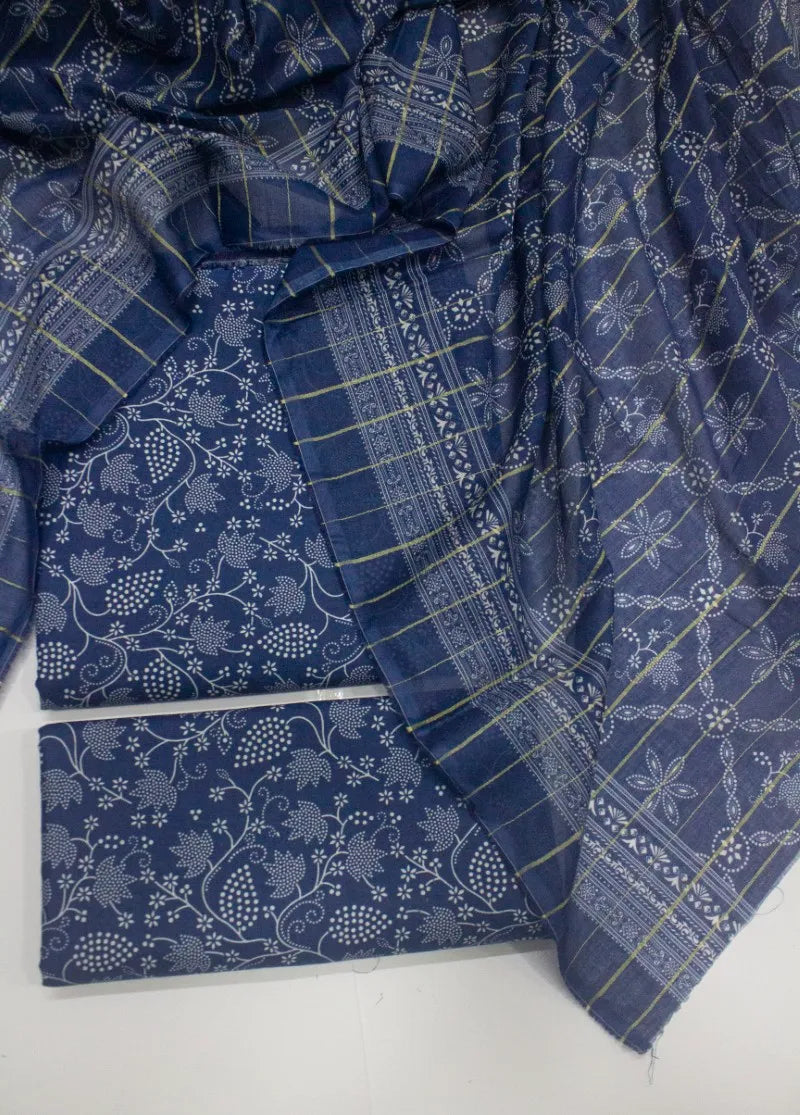 Digital Printed Navy Blue Cotton 3-Piece Unstitched Suit by Bin Saeed