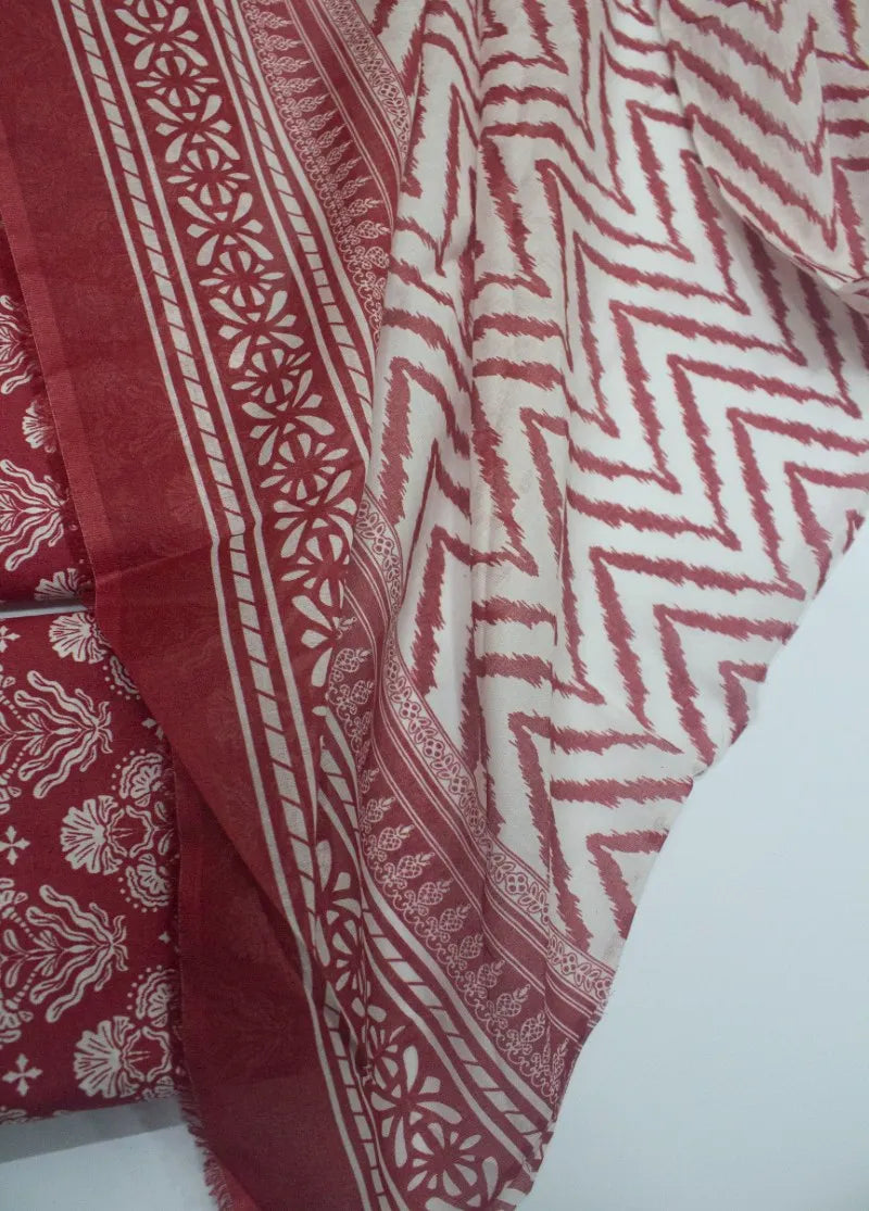 Digital Printed Red Cotton 3-Piece Unstitched Suit by Bin Saeed, photo 3
