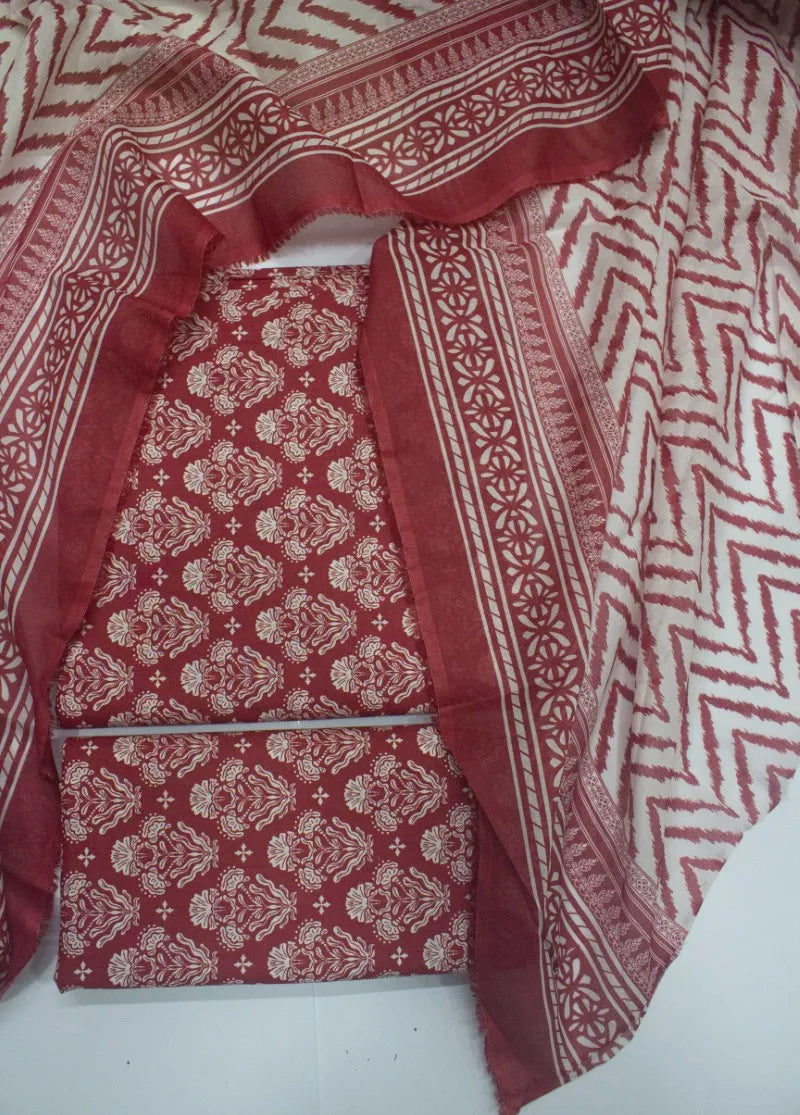 Digital Printed Red Cotton 3-Piece Unstitched Suit by Bin Saeed