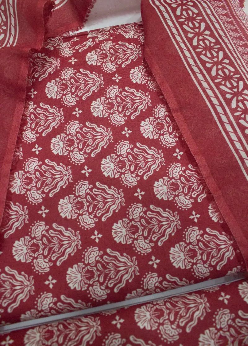 Digital Printed Red Cotton 3-Piece Unstitched Suit by Bin Saeed, photo 2