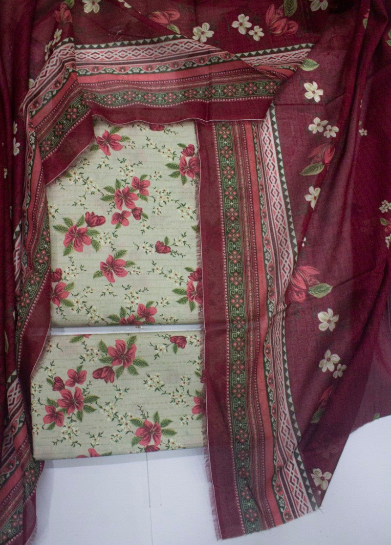 Digital Printed Ivory Cotton 3-Piece Unstitched Suit by Bin Saeed