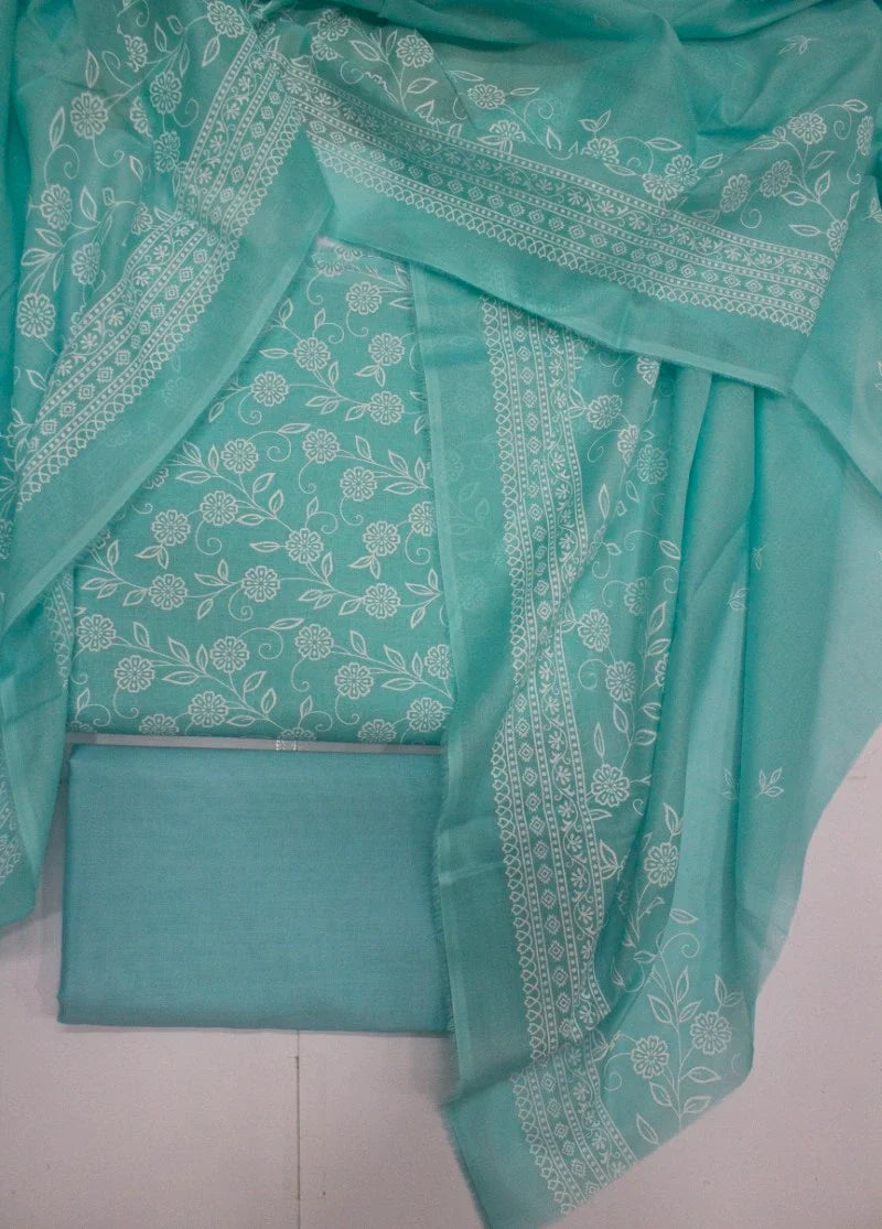 Digital Printed Turquoise Cotton 3-Piece Unstitched Suit by Bin Saeed