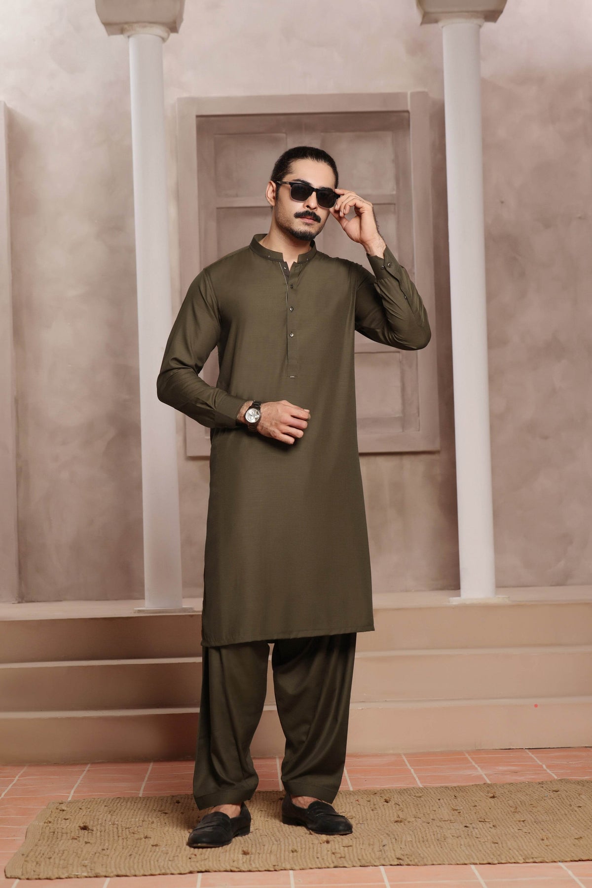 Brown Self Kurta Shalwar by Al Deebaj
