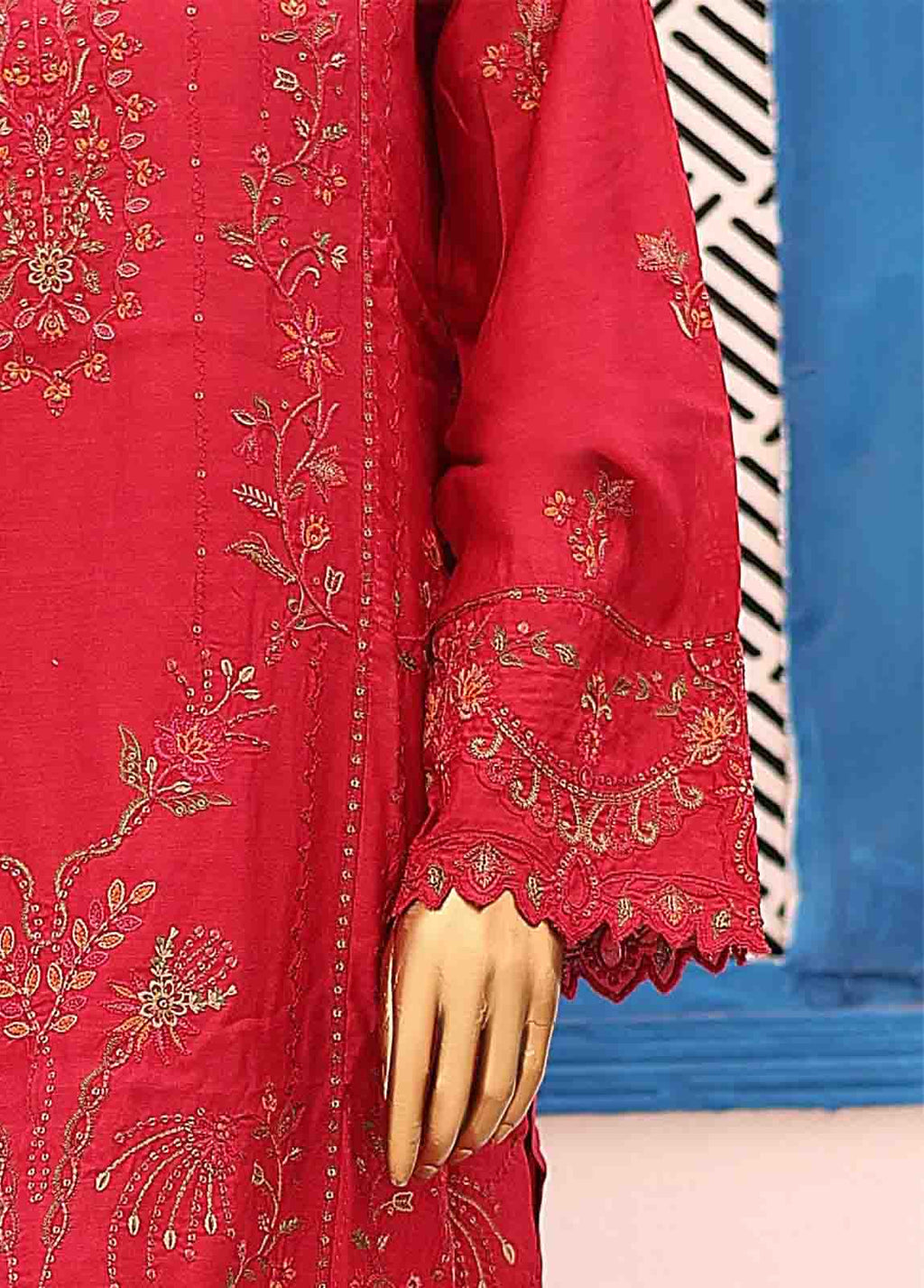 Embroidered Red Cotton 3-Piece Stitched Suit by Bin Saeed, photo 3