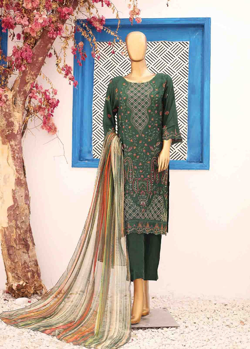 Embroidered Bottle Green Cotton 3-Piece Stitched Suit by Bin Saeed, photo 3