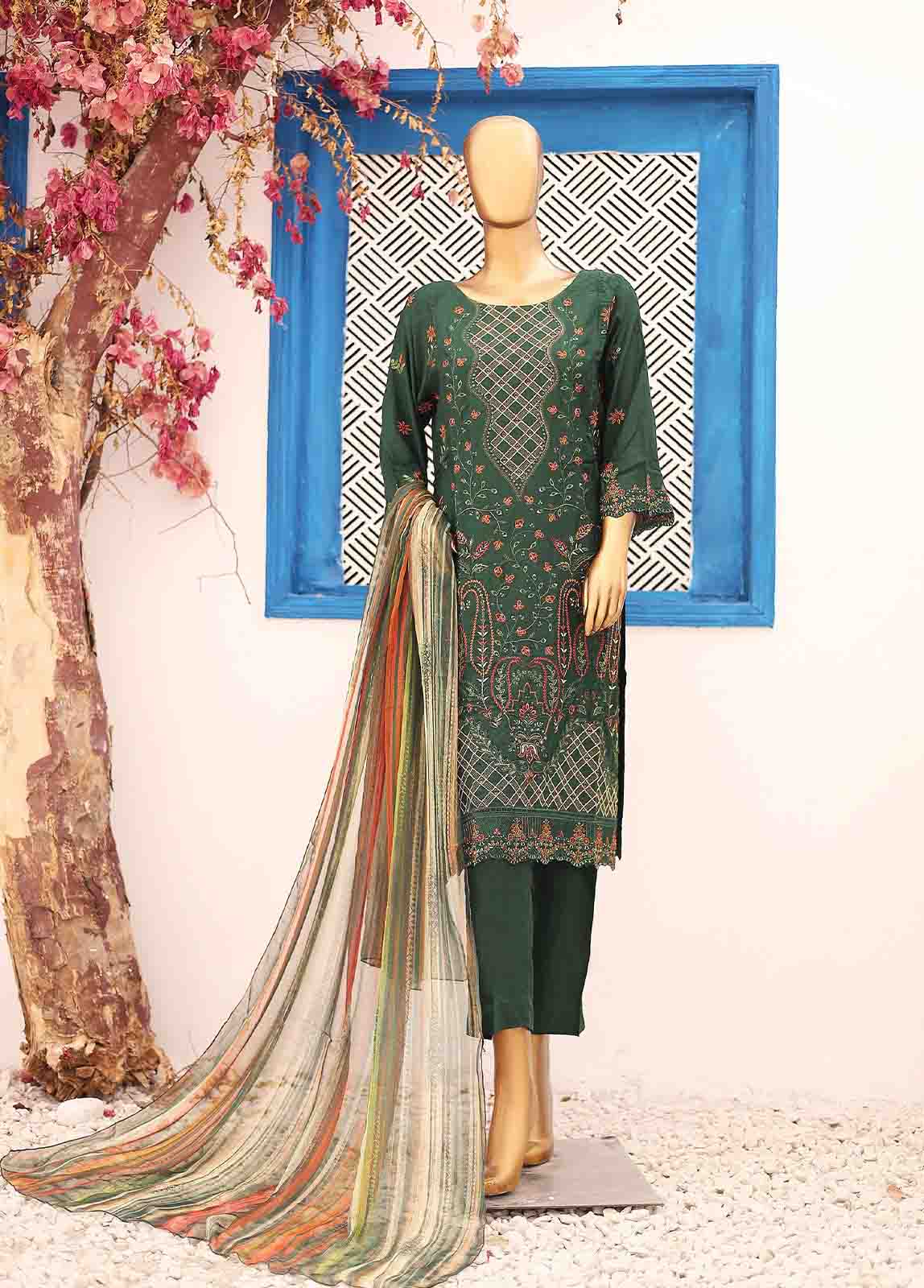 Embroidered Bottle Green Cotton 3-Piece Stitched Suit by Bin Saeed, photo 3
