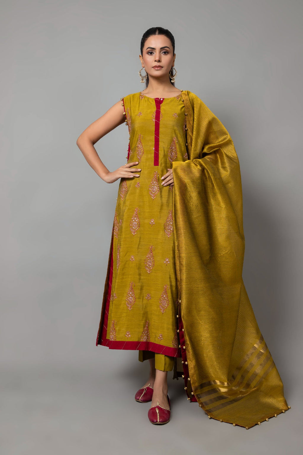Embroidered & Embellished Green Raw Silk 2-Piece Unstitched Suit by The Fabric Store