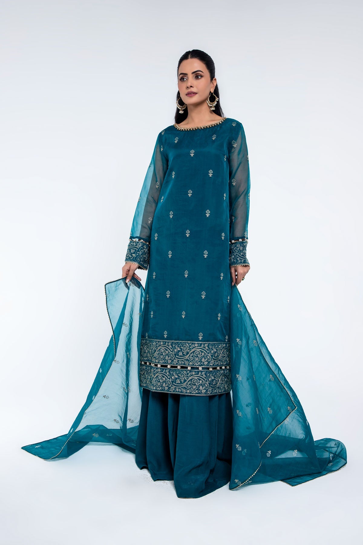 Embroidered & Embellished Green Organza 2-Piece Unstitched Suit by The Fabric Store