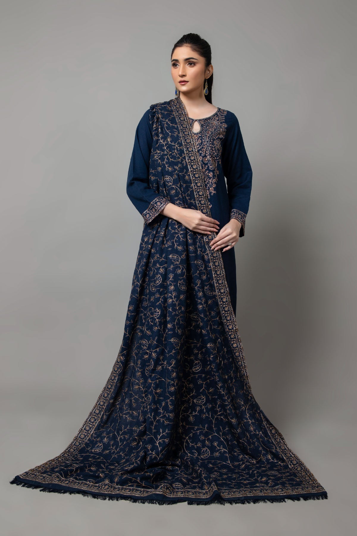 Embroidered Navy Blue Karandi Lawn Shawl by The Fabric Store