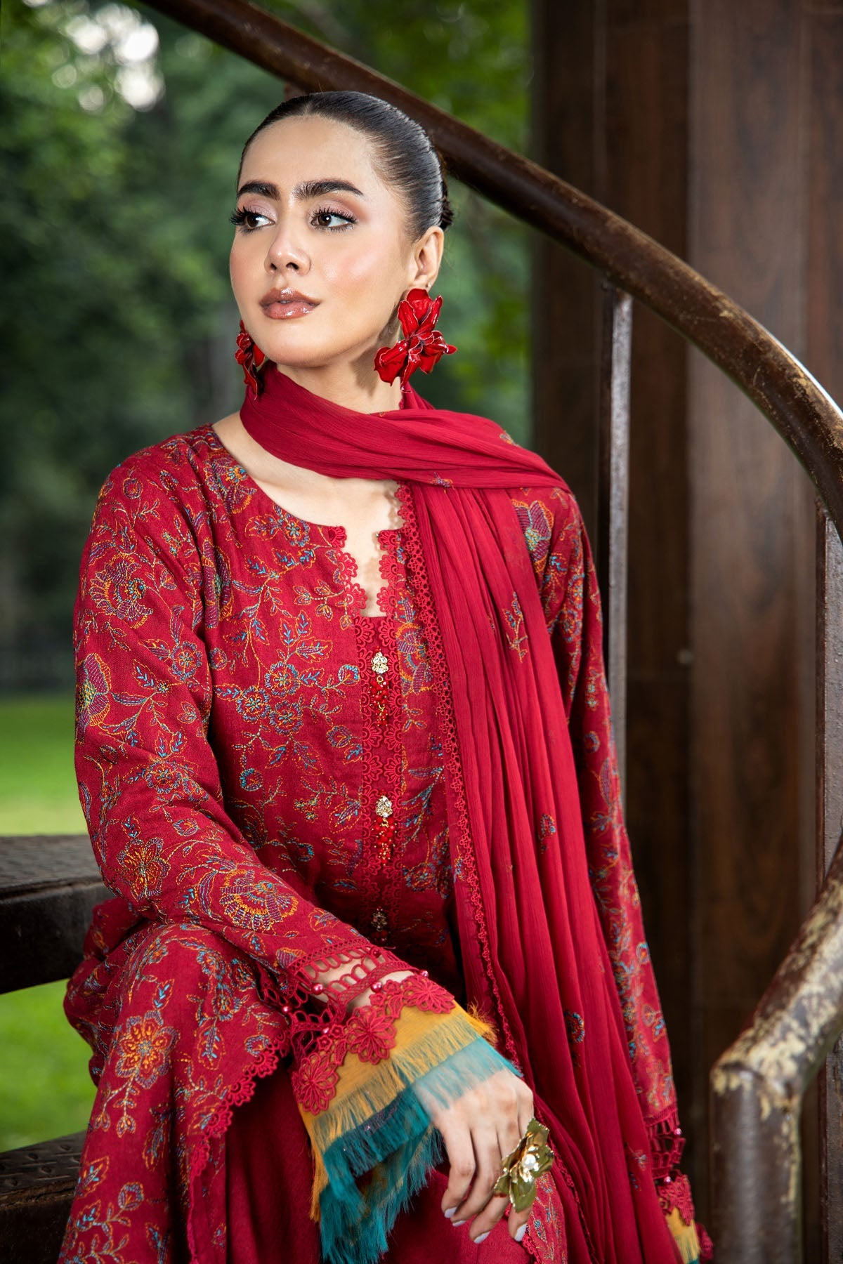 Embroidered Maroon Karandi Lawn 3-Piece Unstitched Suit by The Fabric Store, photo 2