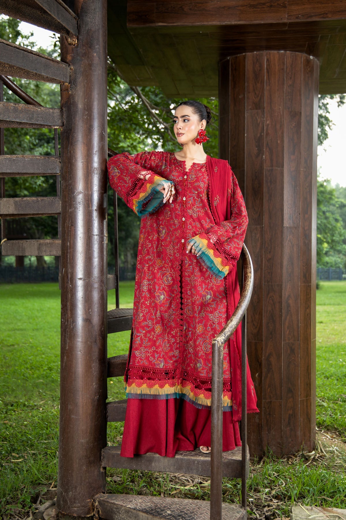 Embroidered Maroon Karandi Lawn 3-Piece Unstitched Suit by The Fabric Store, photo 5