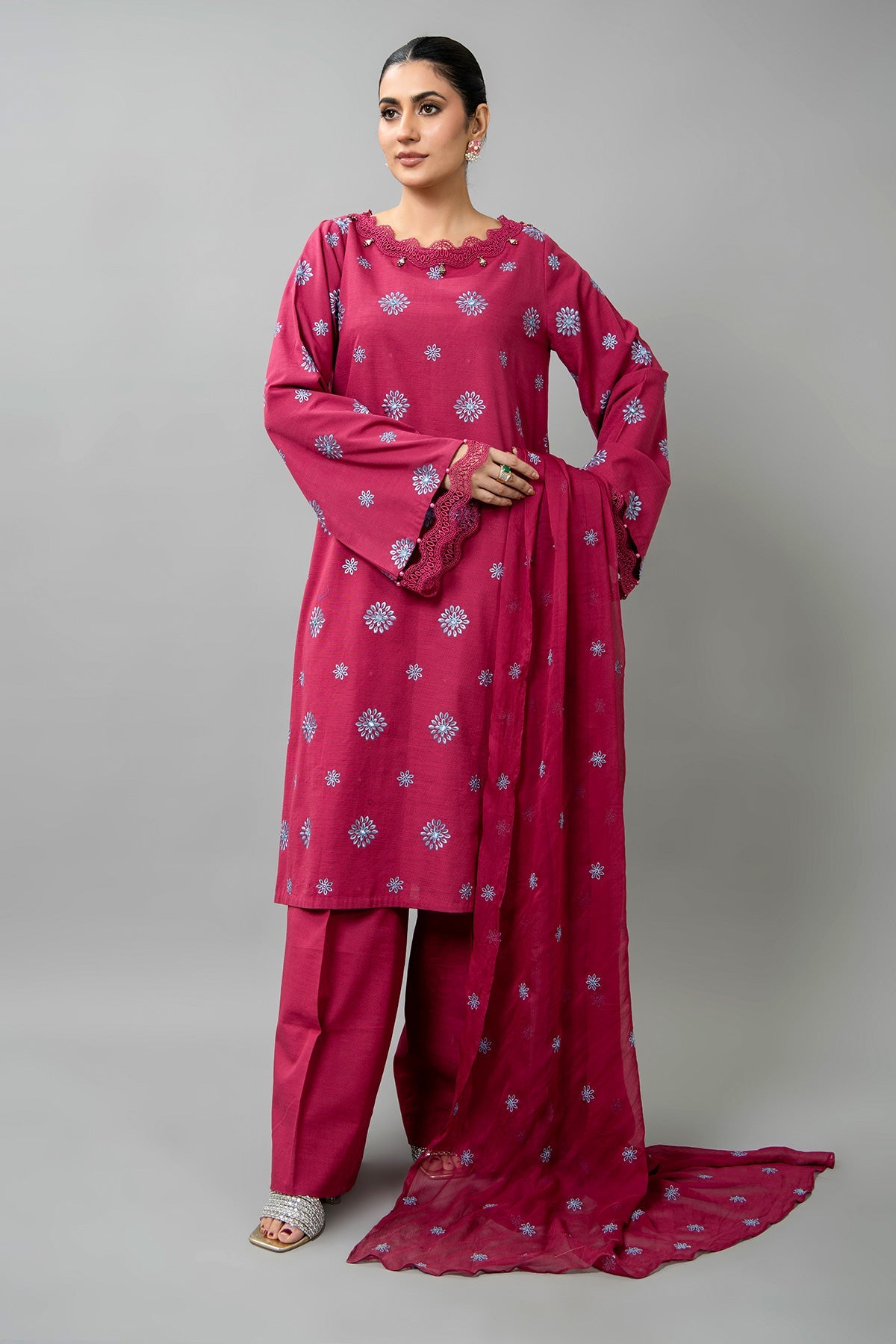 Embroidered Pink Slub Khaddar 3-Piece Unstitched Suit by The Fabric Store