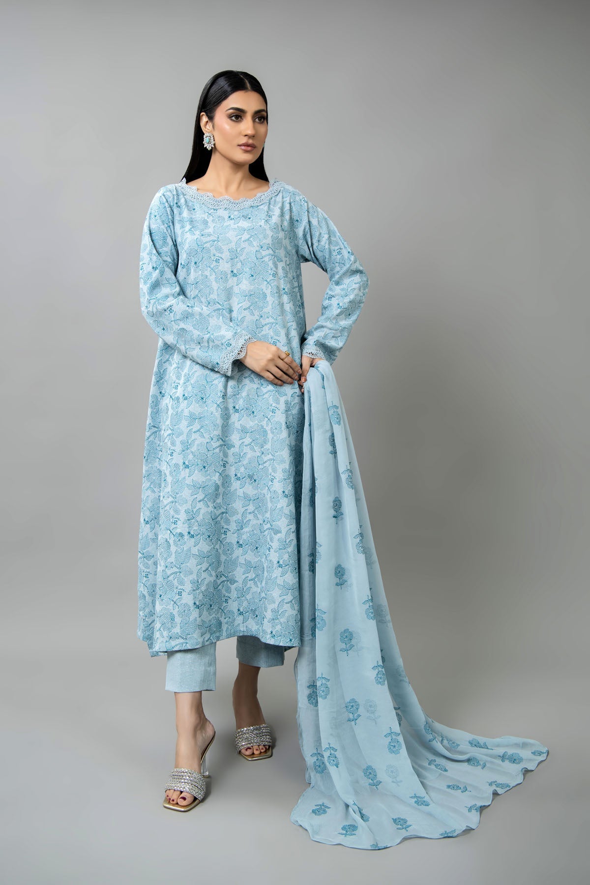Embroidered Grey Cotton Karandi 3-Piece Unstitched Suit by The Fabric Store