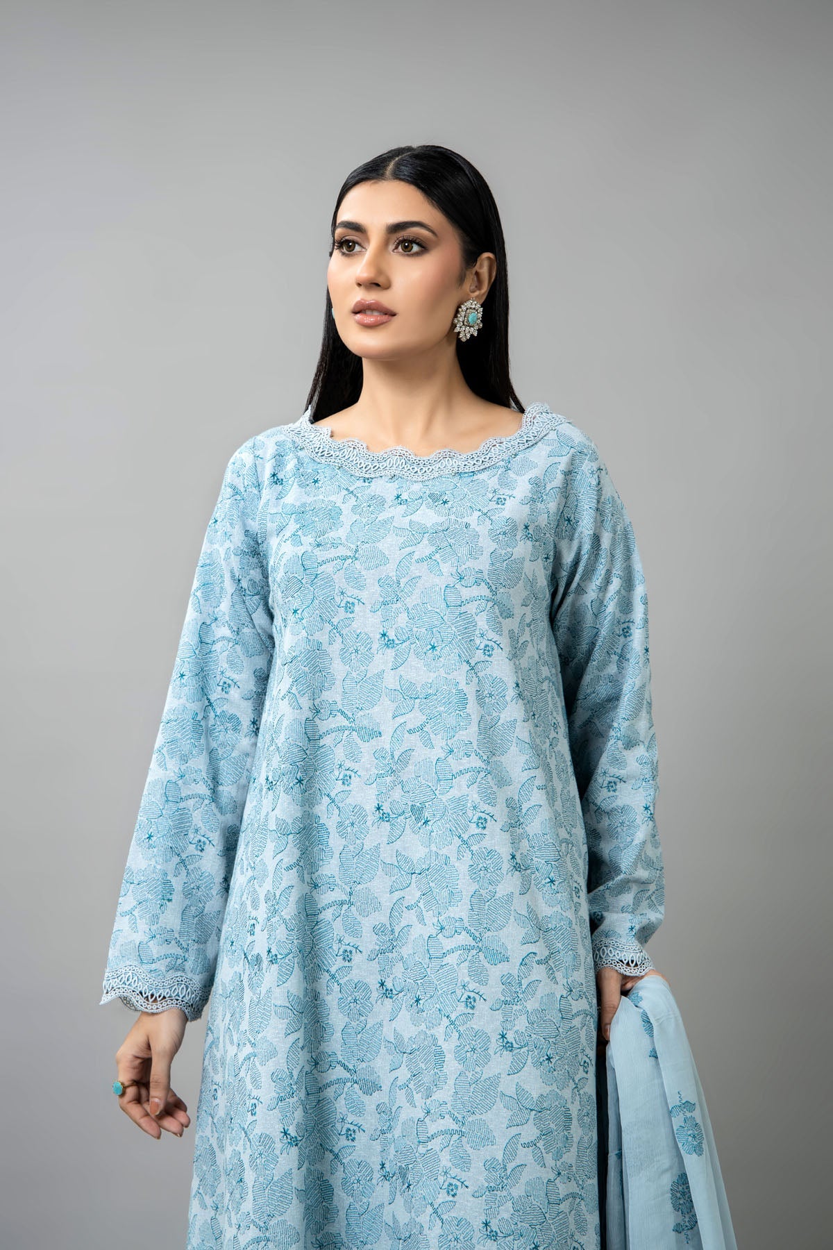 Embroidered Grey Cotton Karandi 3-Piece Unstitched Suit by The Fabric Store, photo 4
