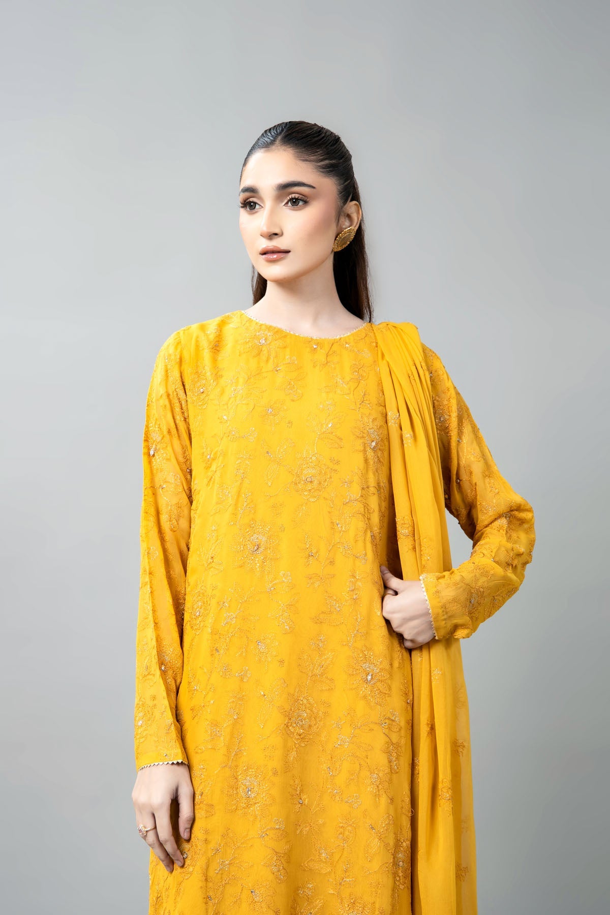 Embroidered & Embellished Mustard Chiffon 3-Piece Unstitched Suit by The Fabric Store, photo 4