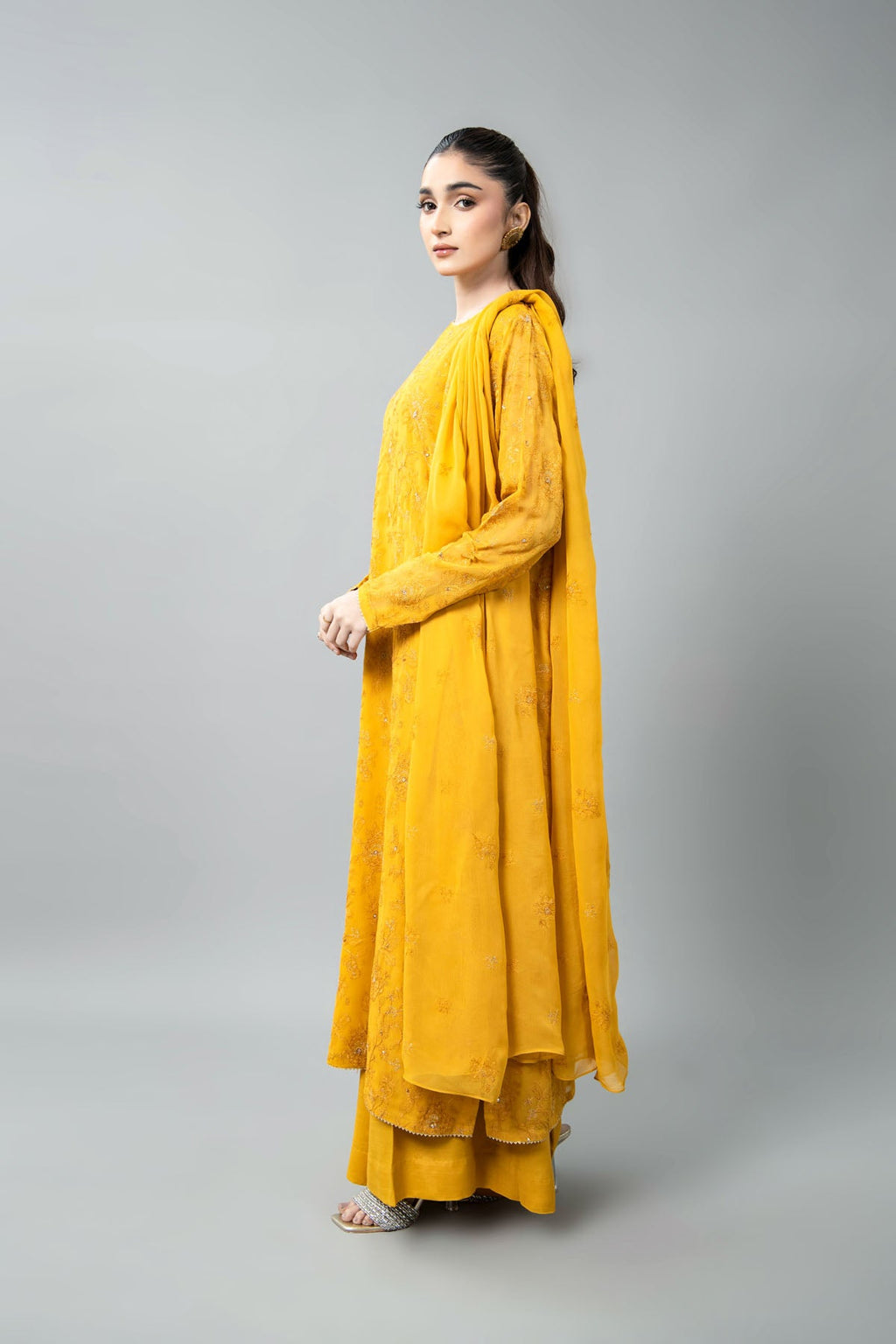 Embroidered & Embellished Mustard Chiffon 3-Piece Unstitched Suit by The Fabric Store, photo 3