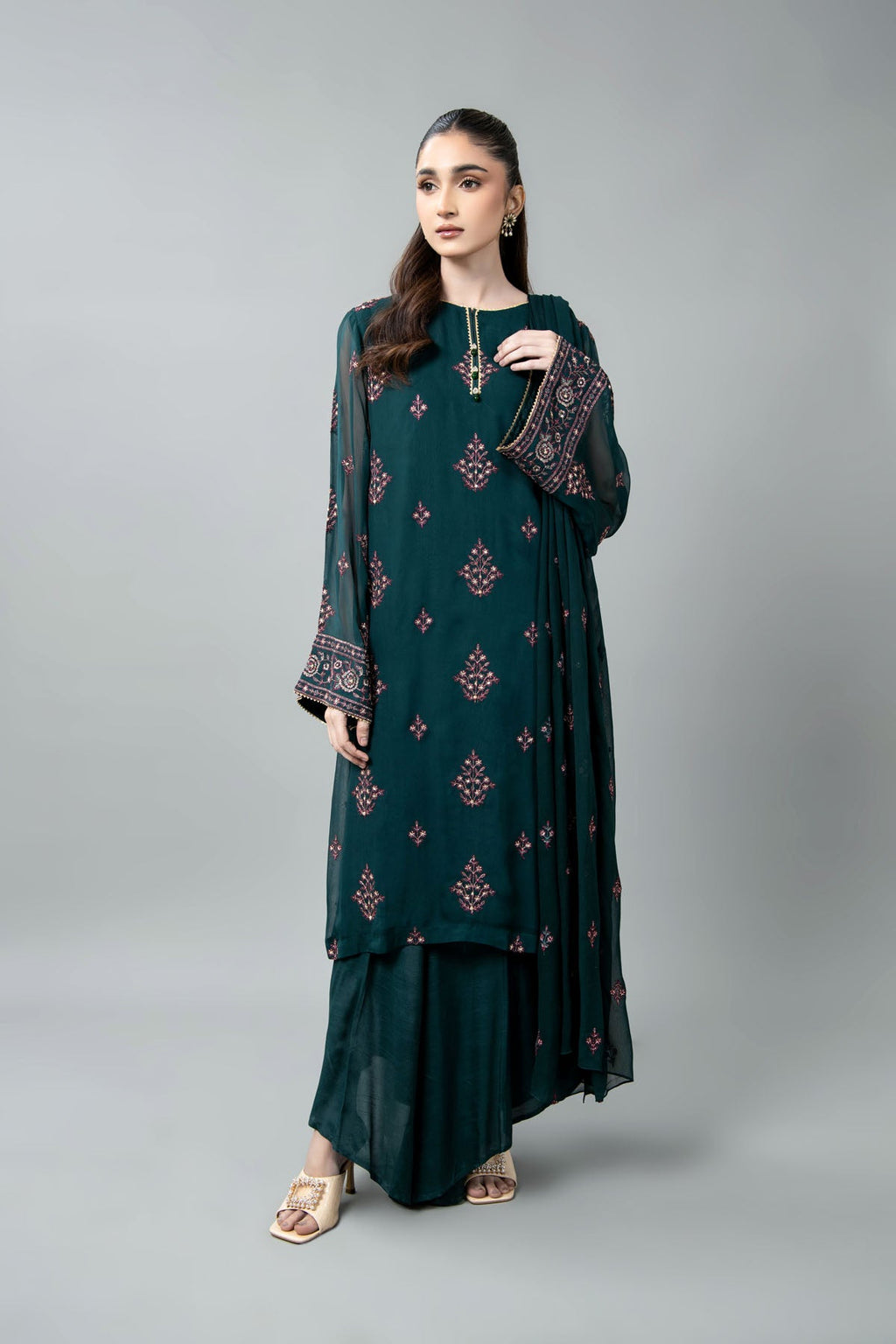 Embroidered & Embellished Green Chiffon 3-Piece Unstitched Suit by The Fabric Store