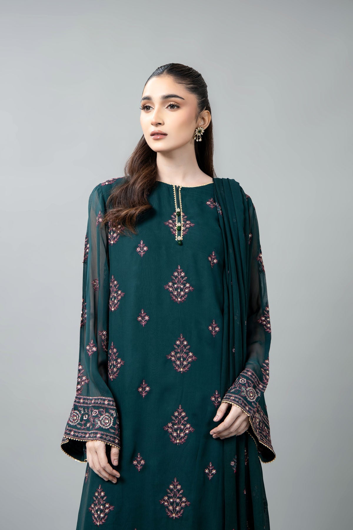 Embroidered & Embellished Green Chiffon 3-Piece Unstitched Suit by The Fabric Store, photo 4