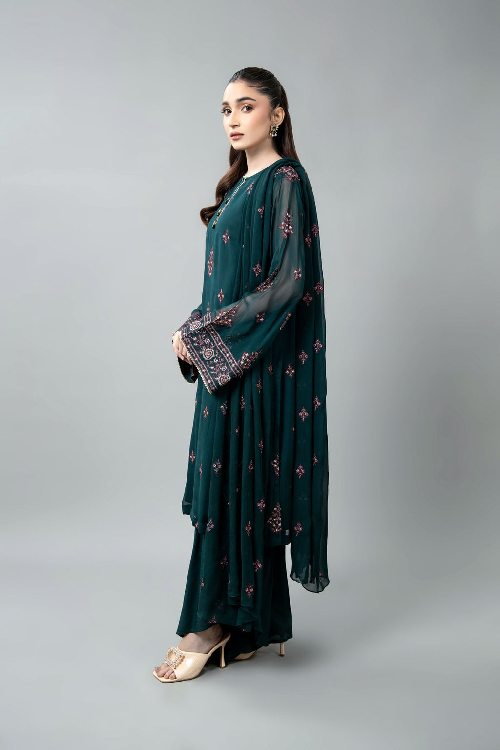 Embroidered & Embellished Green Chiffon 3-Piece Unstitched Suit by The Fabric Store, photo 3