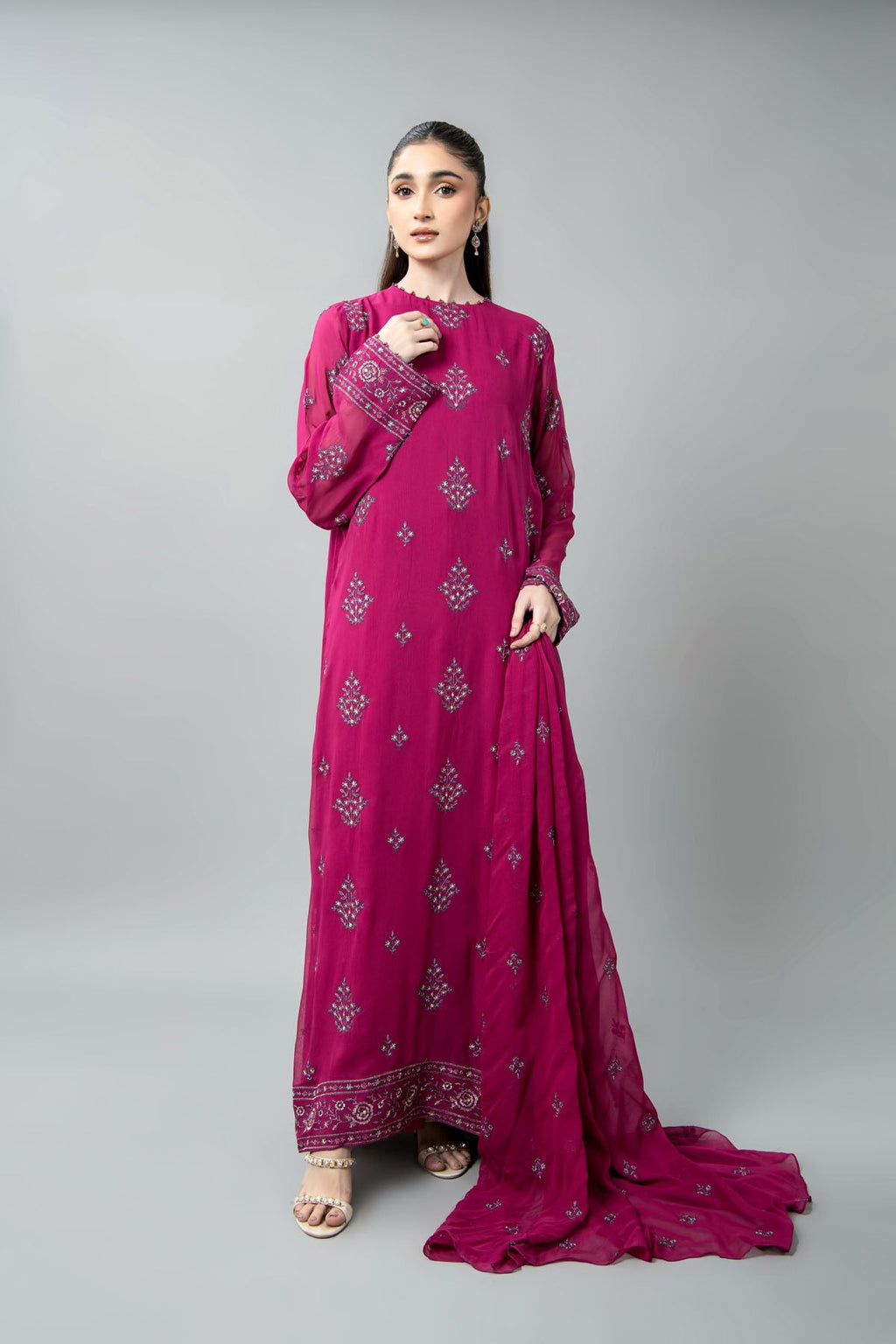 Embroidered & Embellished Pink Chiffon 3-Piece Unstitched Suit by The Fabric Store